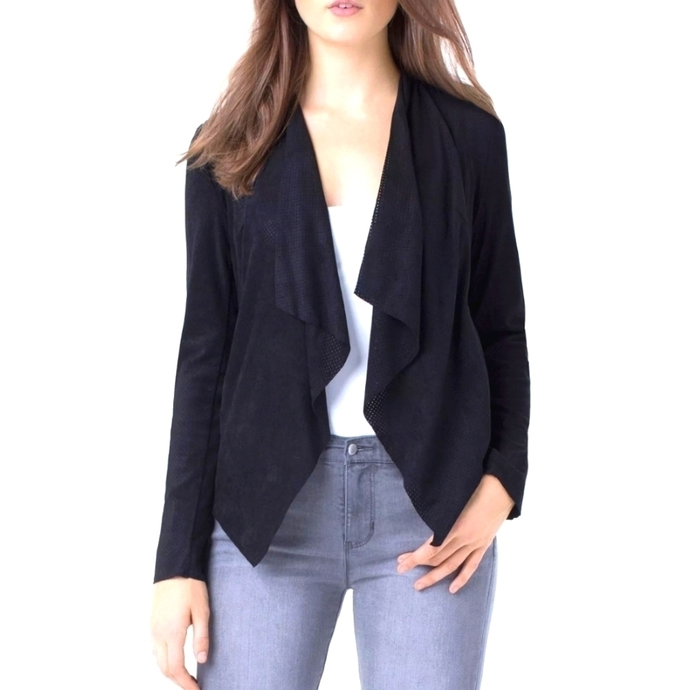 LIVERPOOL Women's Perforated Draped Open Front Faux Suede Blazer Jacker